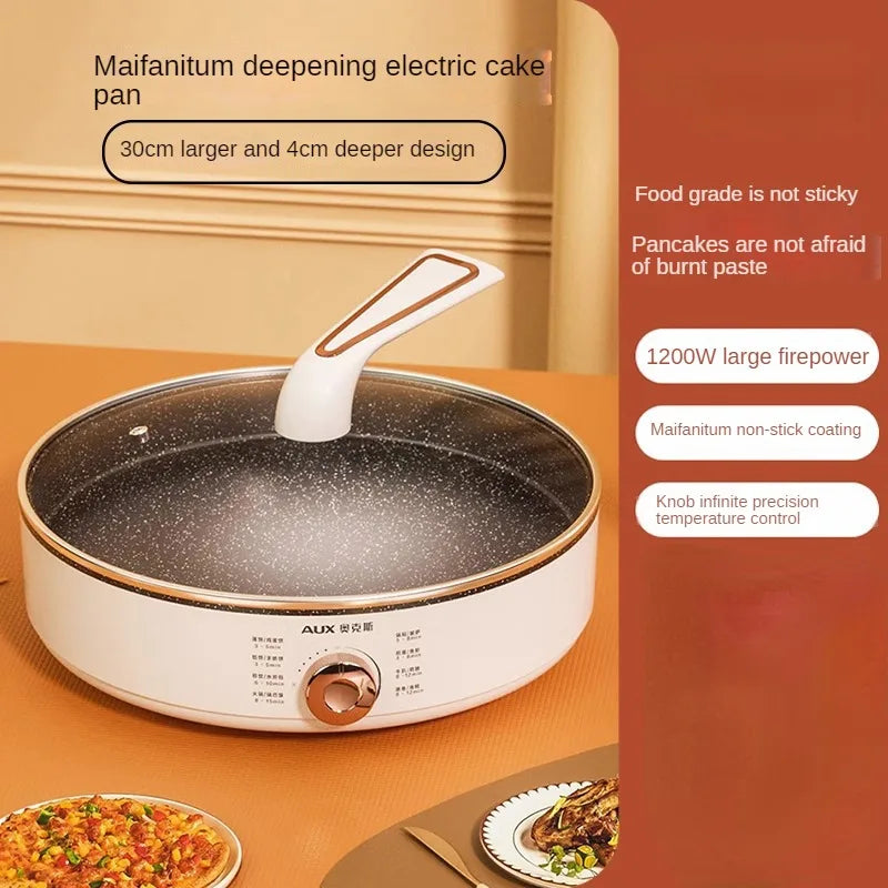 220V Deep Non-Stick Electric Skillets with Automatic Pancake Maker Pizza Baking Pan for Home Cooking Multi Cooker