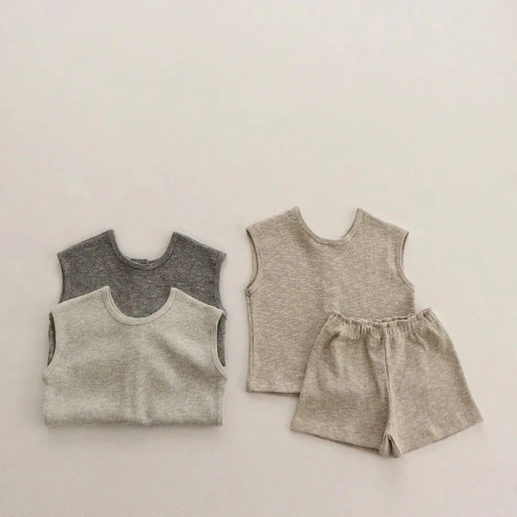 2025 Summer New Baby Sleeveless Breathable Clothes Set Cotton Kids Pajamas Set Infant Vest Shorts 2pcs Suit Solid Baby Outfits