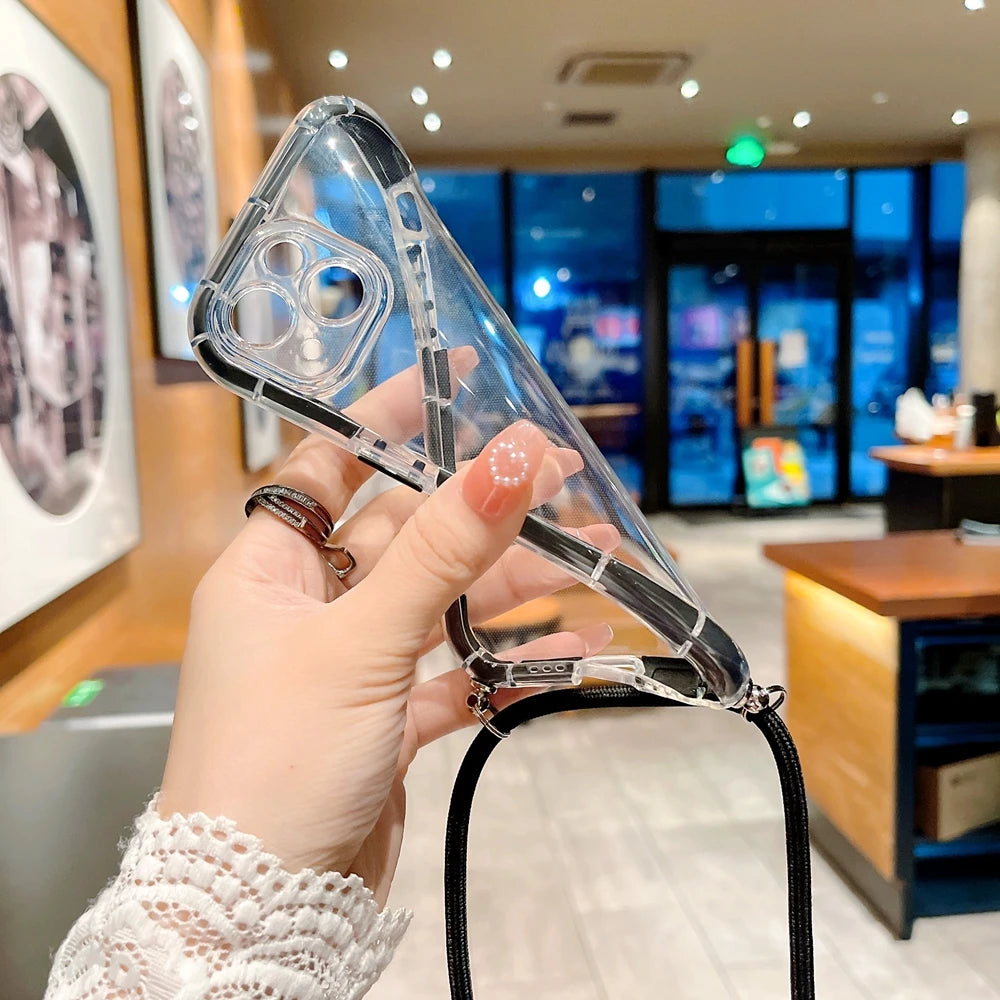 Crossbody Necklace Lanyard Strap Cord Transparent Soft Case for iPhone 14 13 12 11 Pro Max X XR XS 7 8 Plus Armor Luminous Cover