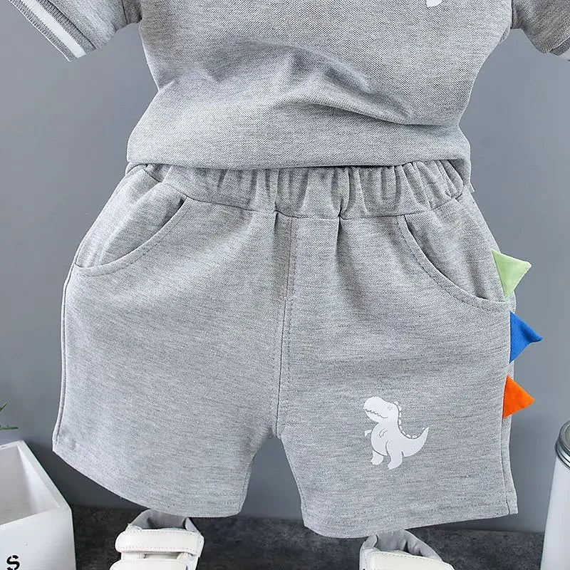 New Summer Outfits Baby Boys 9 To 12 Months Dinosaur Printed Turn-down Collar T-shirts Tops and Shorts 2PCS Infant Clothing Sets