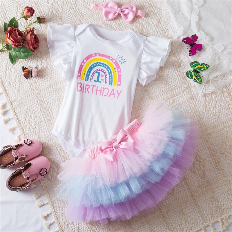 3Pcs Baby Girl 1st Birthday Dress Sets Short Sleeve Top &amp; Polka Dot Skirt &amp; Bow Headband Newborn Outfit Minni Cosplay Dress