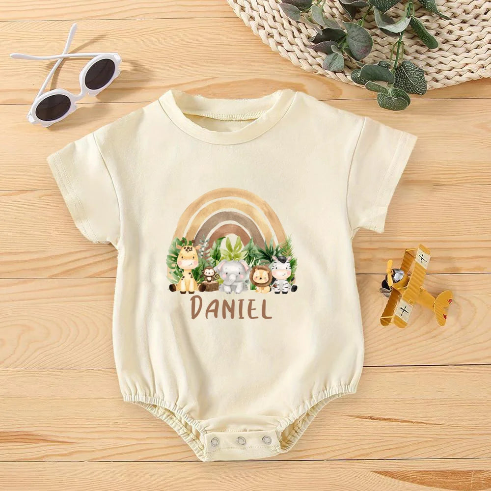 Personalized Rainbow with Name Bubble Romper Infant Jungle Birthday Party Clothes Baby Oversized Bodysuit Cute Wild One Jumpsuit
