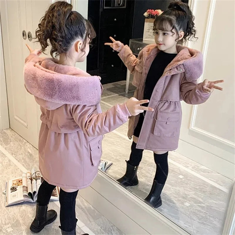 Thicken Girls Jackets Plush Velvet Fur Collar Kids Coats Children's Winter Warm Hooded Outerwear Teenager Fashion Padded Parka