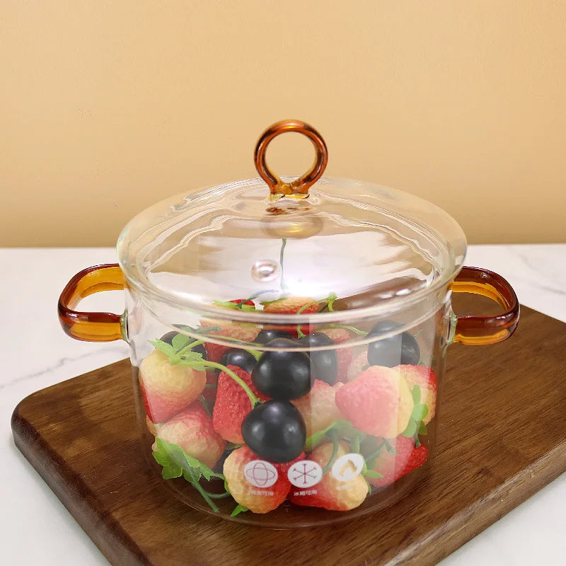 Clear Glass Cooking Pot Nonstick Heat Resistant Soup Stock Pots with Cover Noodle Bowl with Binaural Handle Kitchen Cooking Pots