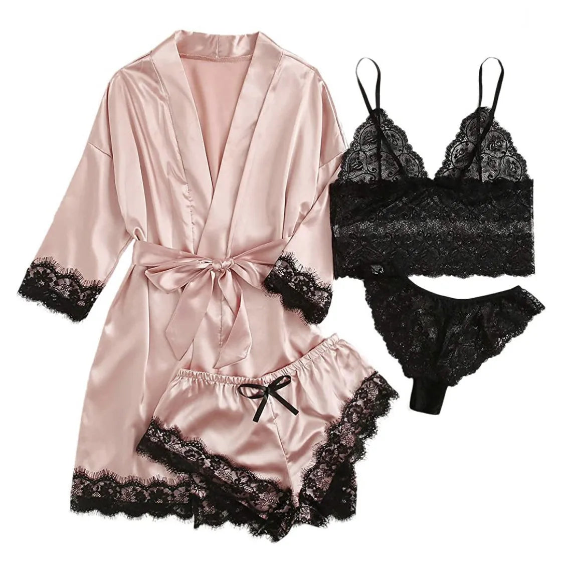 New Women's Sleepwear Set For Summer, A 4-piece Lace Camisole Home Outfit With A Robe, A Sexy V-neck Tie-sleeve Nightdress