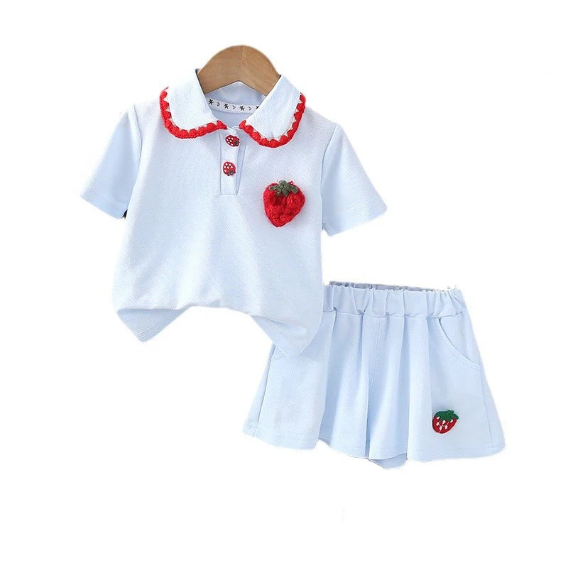 MILANCEL New Summer Kids Clothes Set Girls Cute Strawberry Polo Shirt +Shorts Children Doll Collar Outwear 2PCS