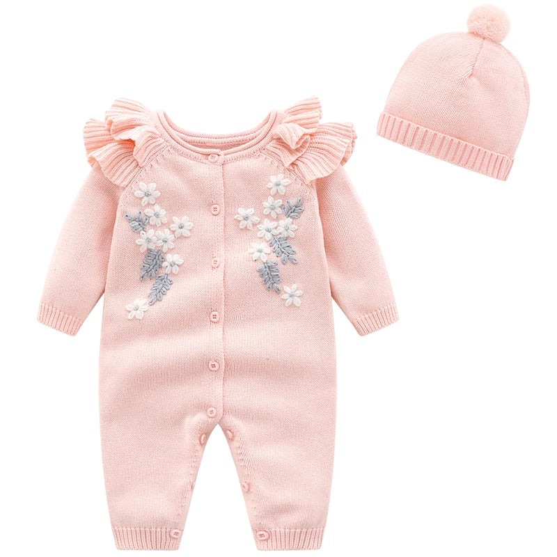 Spring New Toddler Baby Girl Knitting Romper+Hat Floral Embroidery Romper Long Sleeve Autumn Infant Baby Girls Knitting Jumpsuit