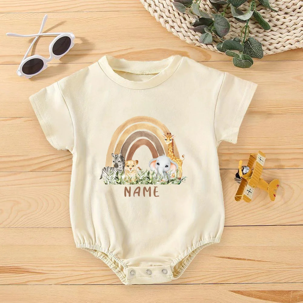 Personalized Rainbow with Name Bubble Romper Infant Jungle Birthday Party Clothes Baby Oversized Bodysuit Cute Wild One Jumpsuit