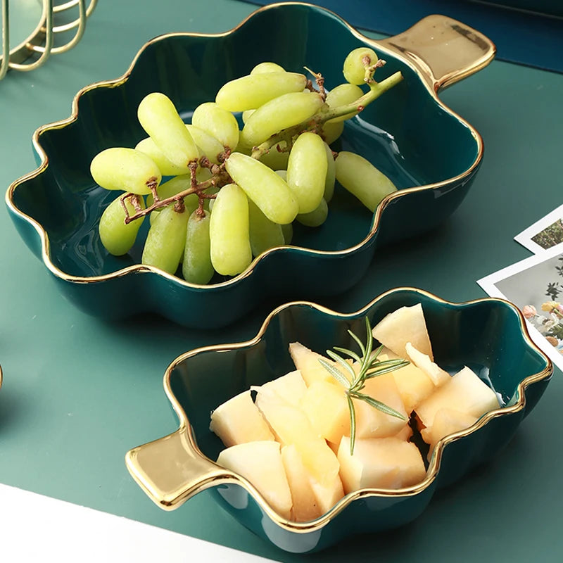 Nordic Light Luxury Plate Storage Plate Home Creative Breakfast Plate Tableware Golden Edge Double Ear Plate Kitchen Supplies