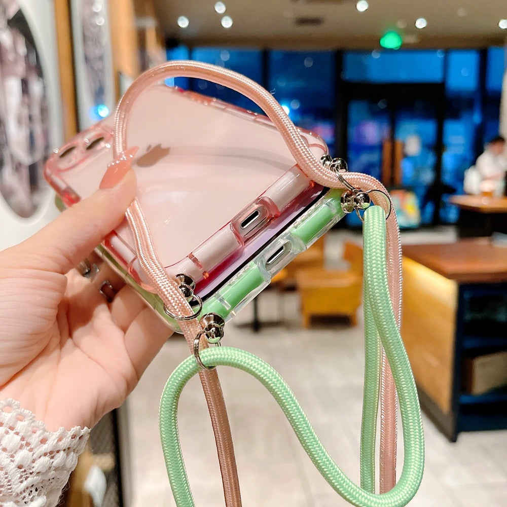 Crossbody Necklace Lanyard Strap Cord Transparent Soft Case for iPhone 14 13 12 11 Pro Max X XR XS 7 8 Plus Armor Luminous Cover