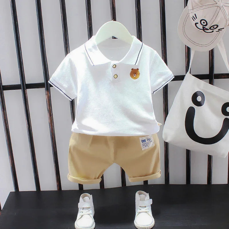 New Summer Outfits Baby Boys 9 To 12 Months Dinosaur Printed Turn-down Collar T-shirts Tops and Shorts 2PCS Infant Clothing Sets