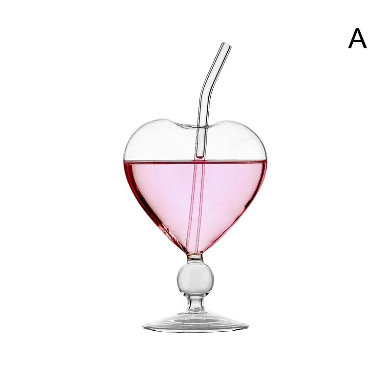 1Pc Creative Lovely Heart-shaped Cup Water Glass With Straw Glass Wine Juice Cup Club Drinkware Container Decoration