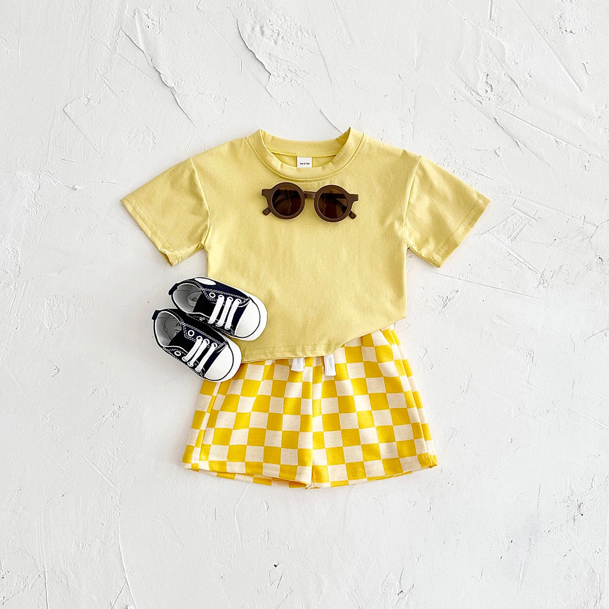 Ins Summer Newborn Boys Girls Clothing Baby Set Solid Short Sleeved T-shirt+Checkerboard Shorts Cotton Casual 2PCS 0-3Y