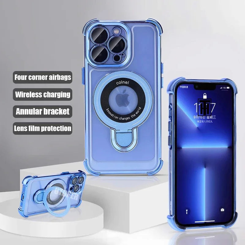 Luxury Golden Platinum TPU Ring Stand Transparent Phone Case for iPhone 16 15 14 13 11 12 Pro Max Plus - Magsafe Magnetic Protective Cover