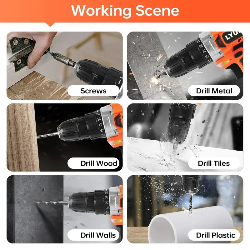 20V Cordless Drill 40N.m 25 Plus 1 LYUWO Electric Screwdriver Keyless Chuck Two Gear Speed ​​Wireless Power Driver Battery Tools