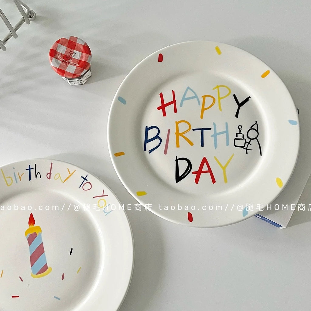 Korean Plate Designer Cute Happy Birthday Tableware Ceramic Coffee Cup Plate Dessert Cake Plate Cup Creative Birthday Gift