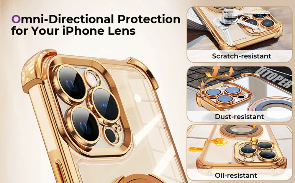 Luxury Golden Platinum TPU Ring Stand Transparent Phone Case for iPhone 16 15 14 13 11 12 Pro Max Plus - Magsafe Magnetic Protective Cover