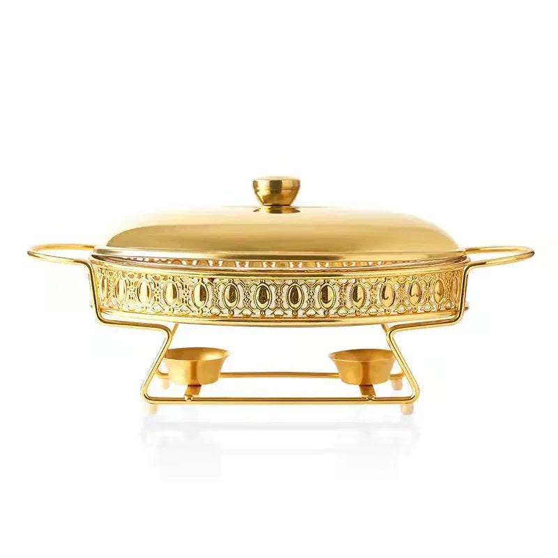Luxury Golden Oval Food Warmer Hotel Wedding Chafing Dish Stainless Steel Glass Serving Dish Buffet Server and Hot Pot