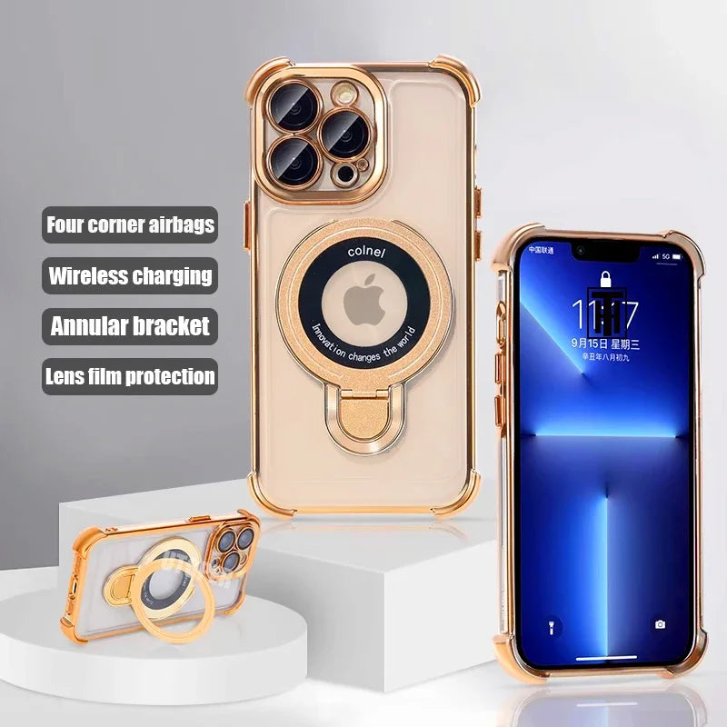 Luxury Golden Platinum TPU Ring Stand Transparent Phone Case for iPhone 16 15 14 13 11 12 Pro Max Plus - Magsafe Magnetic Protective Cover