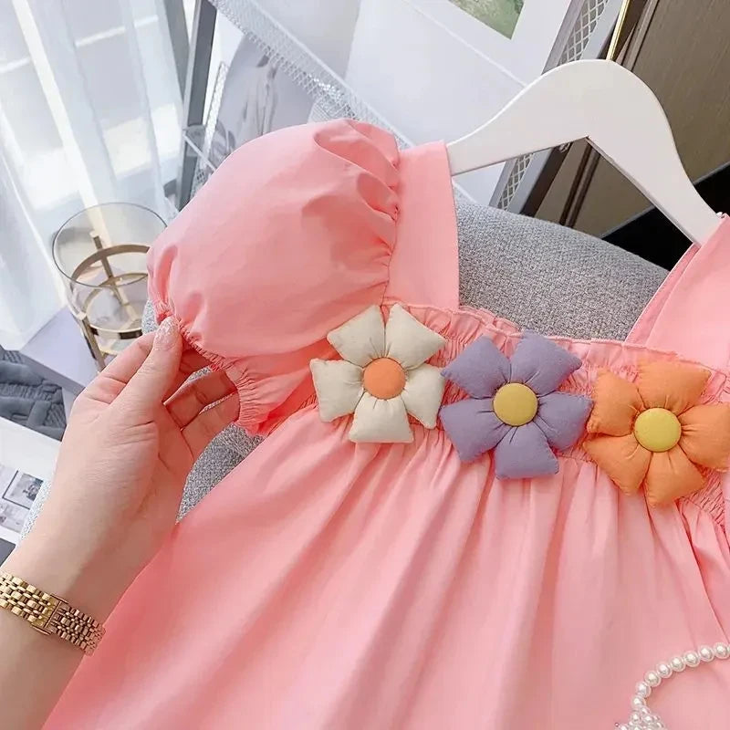 Girls Princess Dress Summer Baby Puff Sleeves Elegant Dress Children Flowers Frock Kids Birthday Party Clothing 1-9 Years Old