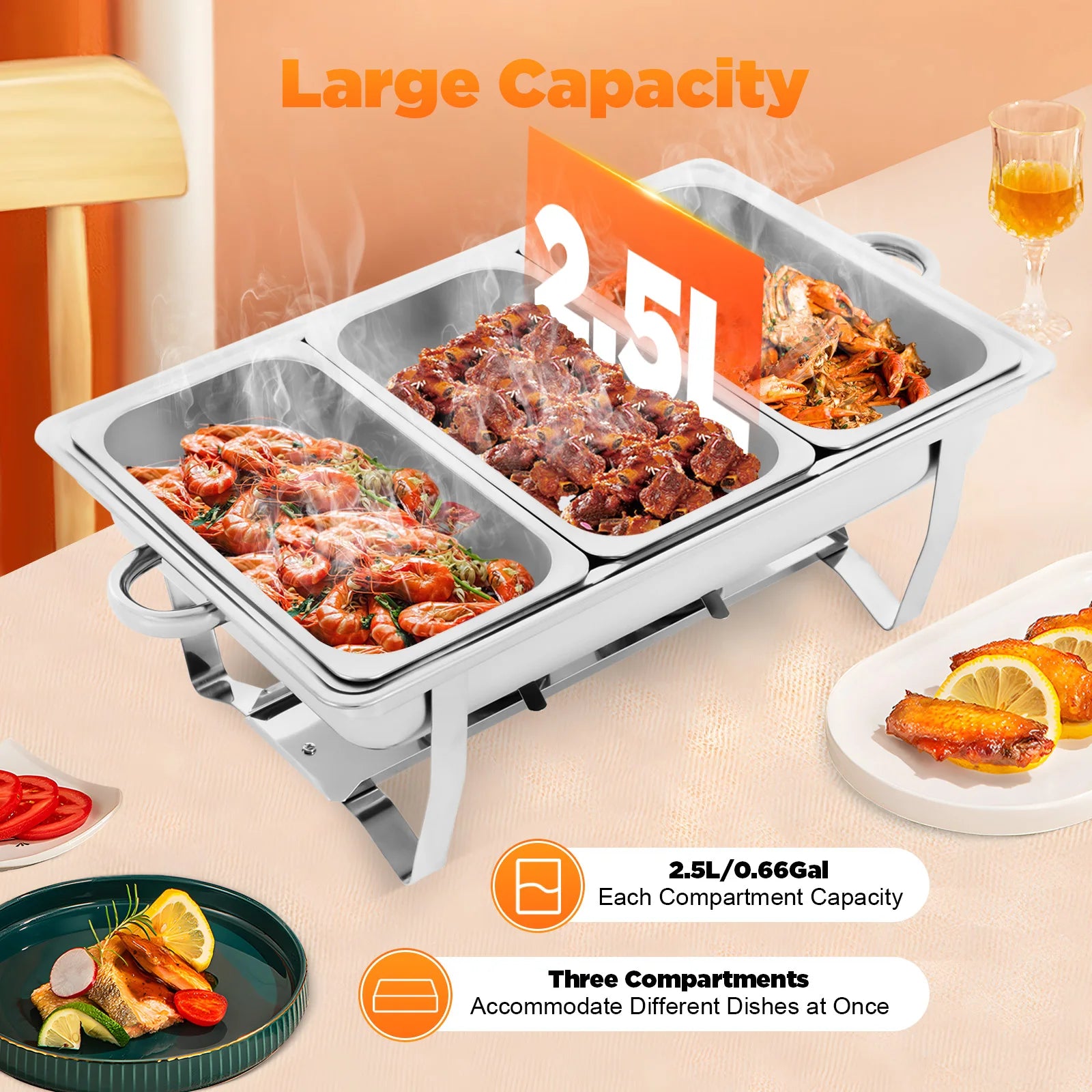 3-Piece Chafing Dish Buffet Set, Three 2.5L/0.66Gal Buffet Servers &amp; Food Warmers, Rectangular, Stainless Steel