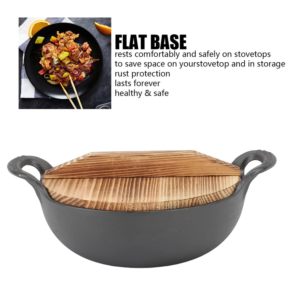 Cast Iron Wok Wooden Lid Flat Base 2 Loop Handle Even Heat Multifunctional Stir Fry Pan for Kitchen