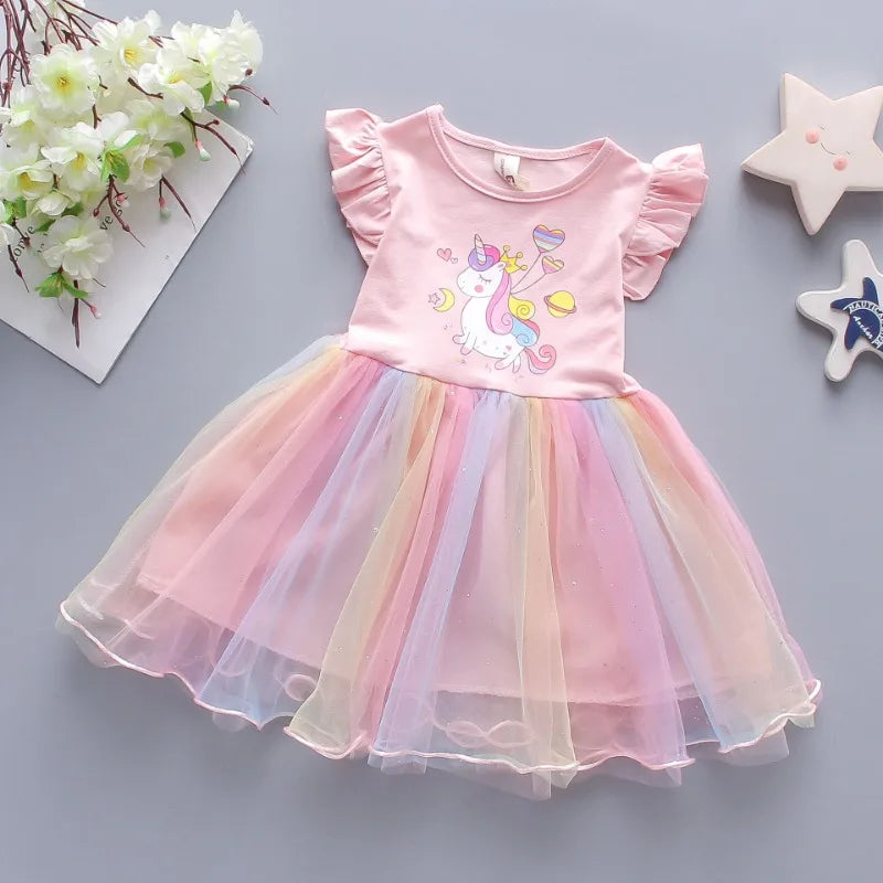Summer Princess Unicorn Party Dress for Girls with Flying Sleeves Children's Clothing 3-8 Years Old Baby Dresses
