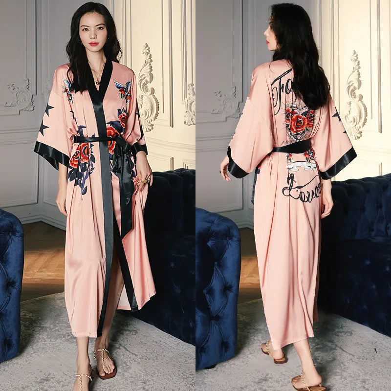 New Spring Summer Female Long Robe Nightgown Sexy Print Flower Kimono Bathrobe Gown Casual Silk Satin Home Dress Lounge Wear