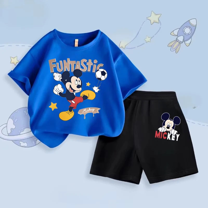 Disney Mickey Printed Set Kids Short Sleeve T-Shirt And Shorts 2-Piece Outfits Baby Boys Suit Children's Casual Summer Clothes