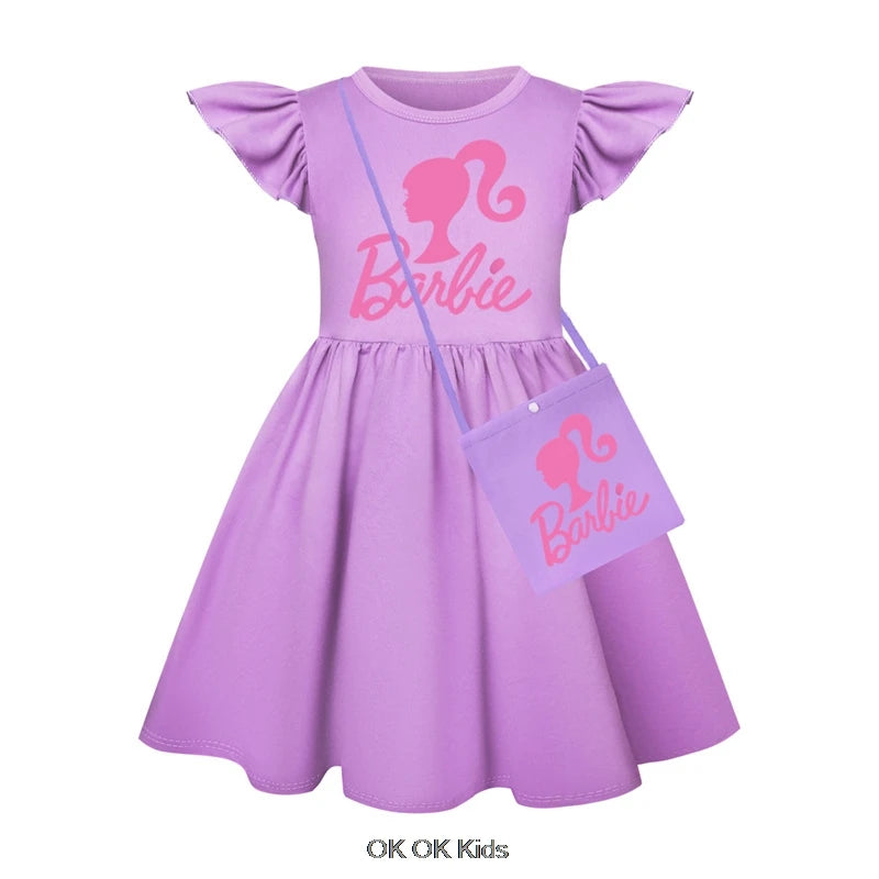 New Summer Dress Barbie the movie for Girls Kids Princess Tank Top Dress Girls Dresses Flying sleeve Childre Clothes +Bag 1-8T