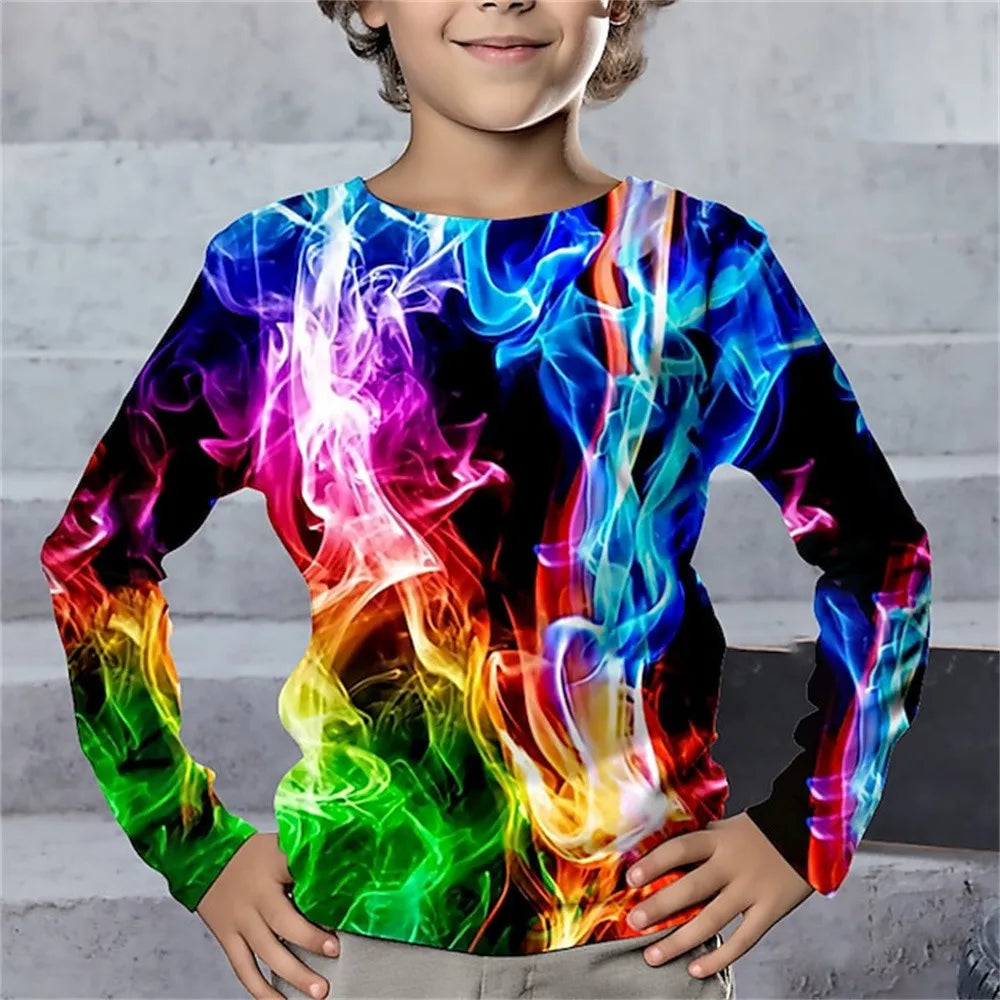 Children's Clothing Tshirt for Kids Boys 9 to 14 Lightning Geometry Long Sleeve T-Shirt Boy One Piece Casual Top High Child Tees