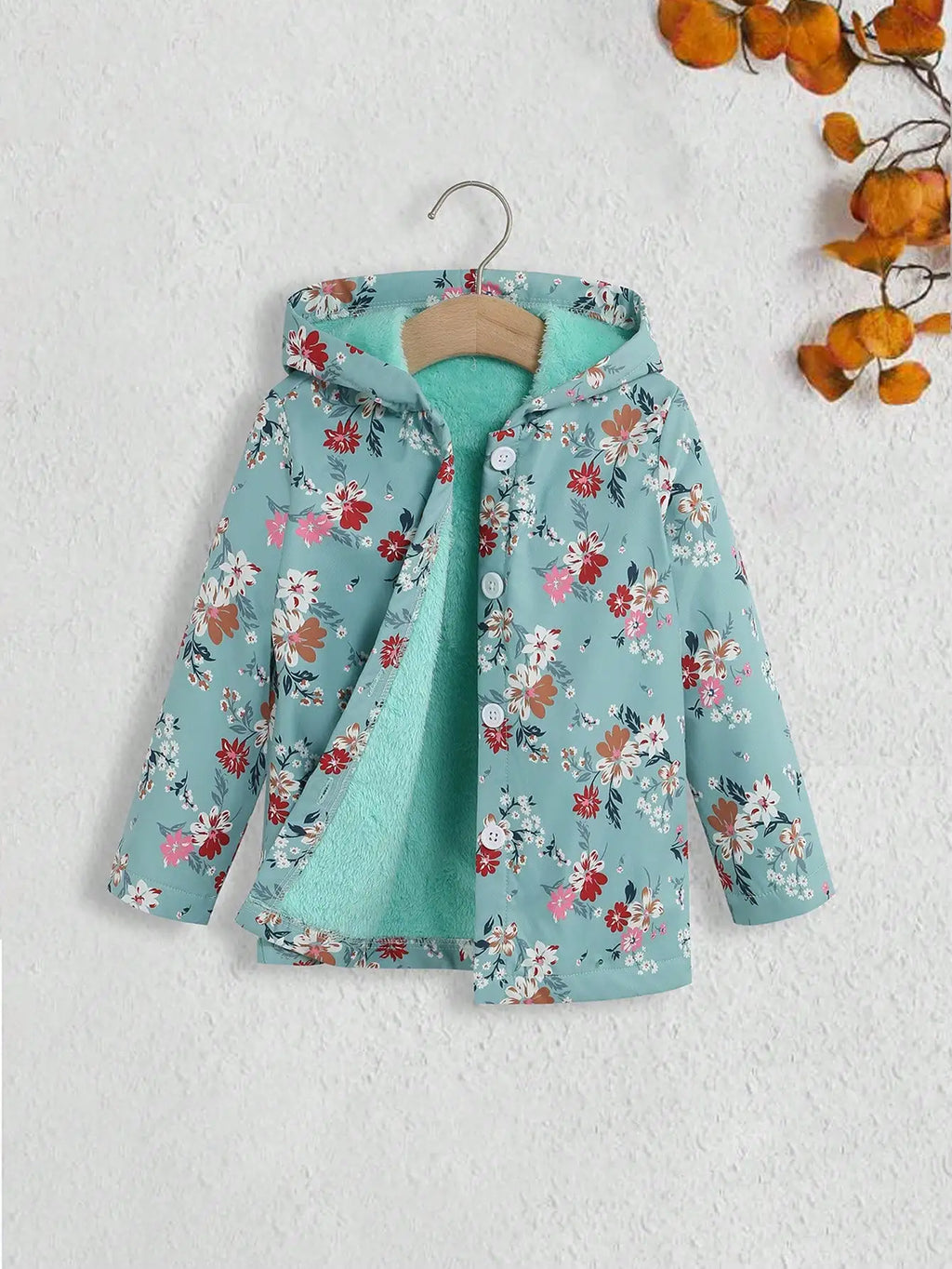 Fall/Winter Girls' Fleece Hooded Single-Breasted Floral Print Coat Holiday School Thermal Jacket Top