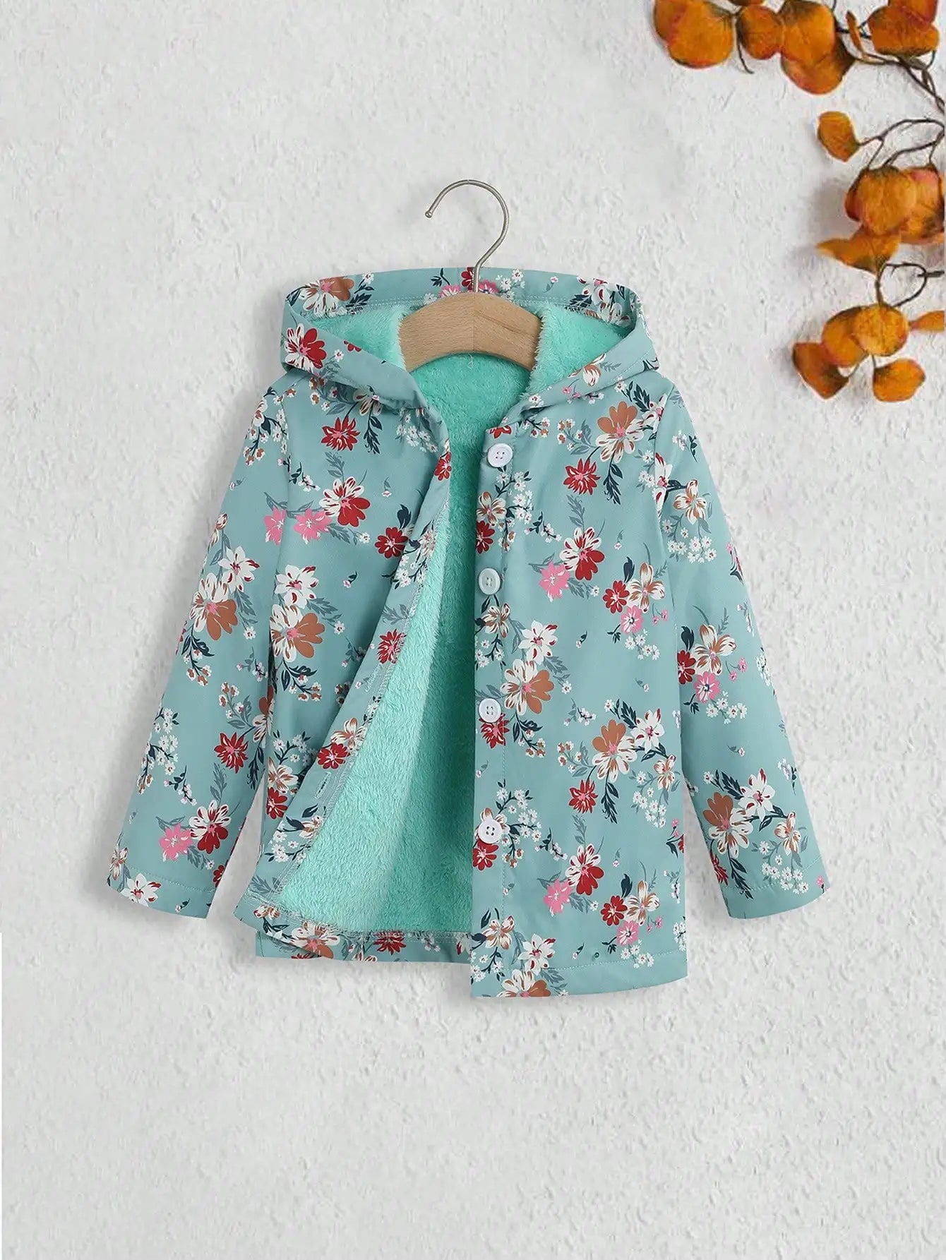 Fall/Winter Girls' Fleece Hooded Single-Breasted Floral Print Coat Holiday School Thermal Jacket Top