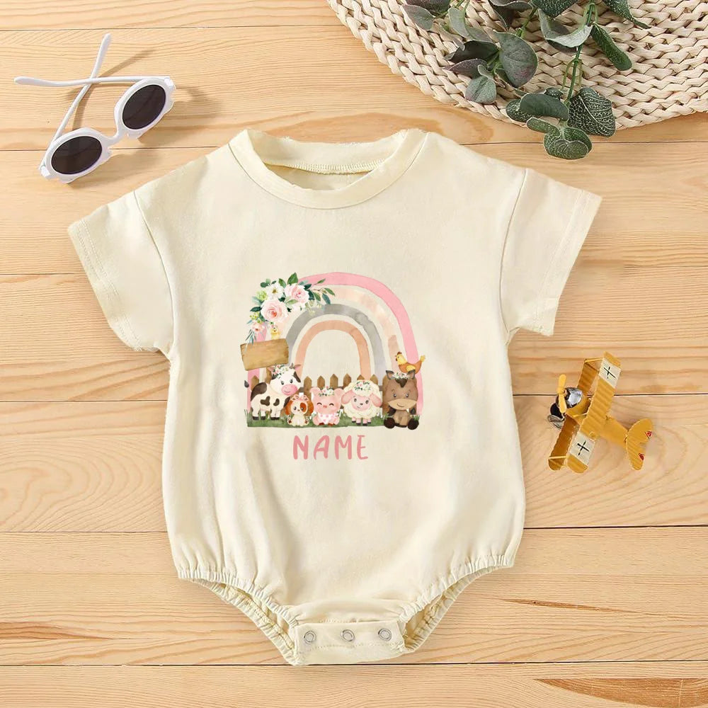Personalized Rainbow with Name Bubble Romper Infant Jungle Birthday Party Clothes Baby Oversized Bodysuit Cute Wild One Jumpsuit