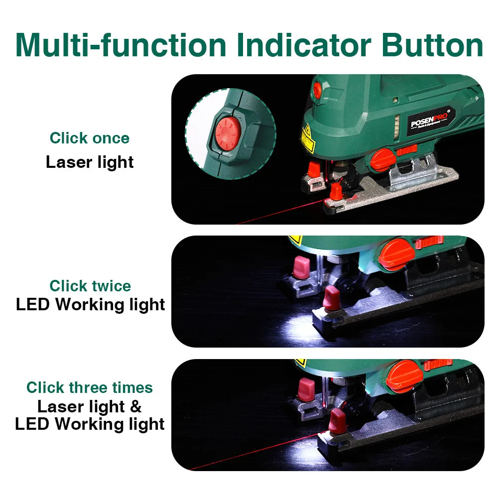 800W Jigsaw 6 Speeds 4 Orbital Positions Quick Blade Change Dust Blow Function ±45° Cutting Angle Includes Dust Pipe Guide Ruler