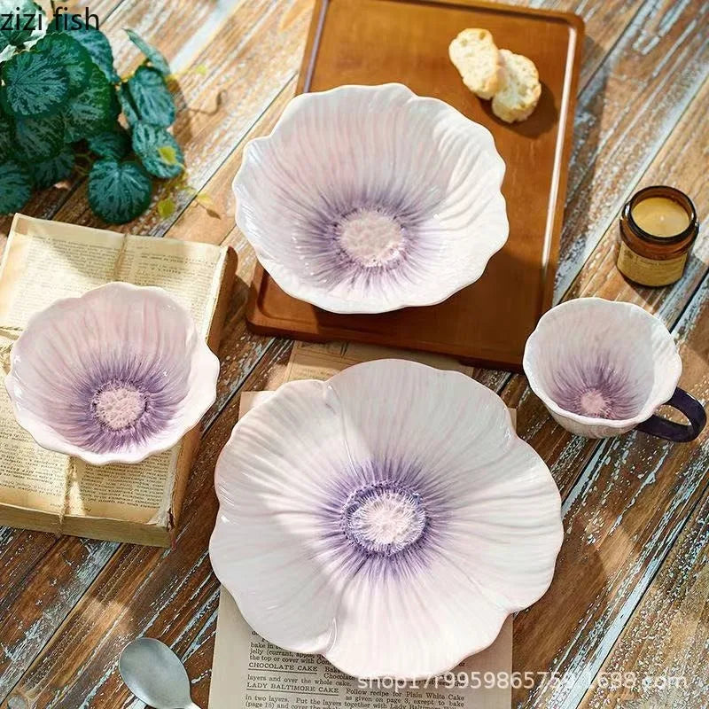 Pink Ceramic Flower Plate Dining Plates Decorative Bowl Dessert Plate Soup Bowls Water Cup Serving Plates Fruit Bowl Snack Bowls