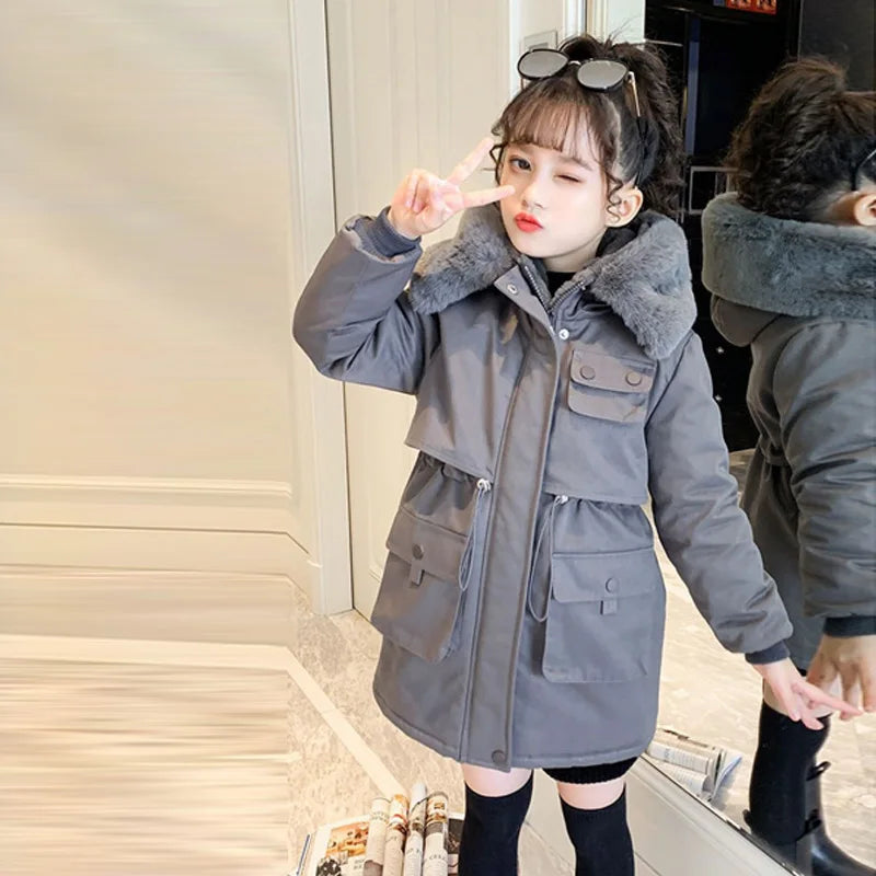 Thicken Girls Jackets Plush Velvet Fur Collar Kids Coats Children's Winter Warm Hooded Outerwear Teenager Fashion Padded Parka