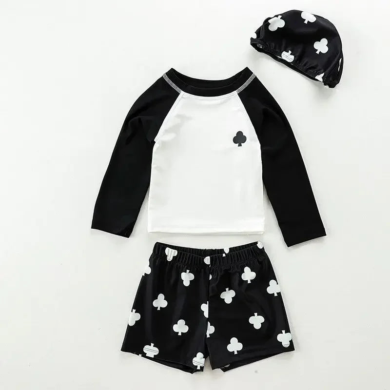 Baby Boys Swimming Wear Spell Color Long Sleeve Swimsuit + Shorts 2pcs Suit Children Quick Drying Swimwear
