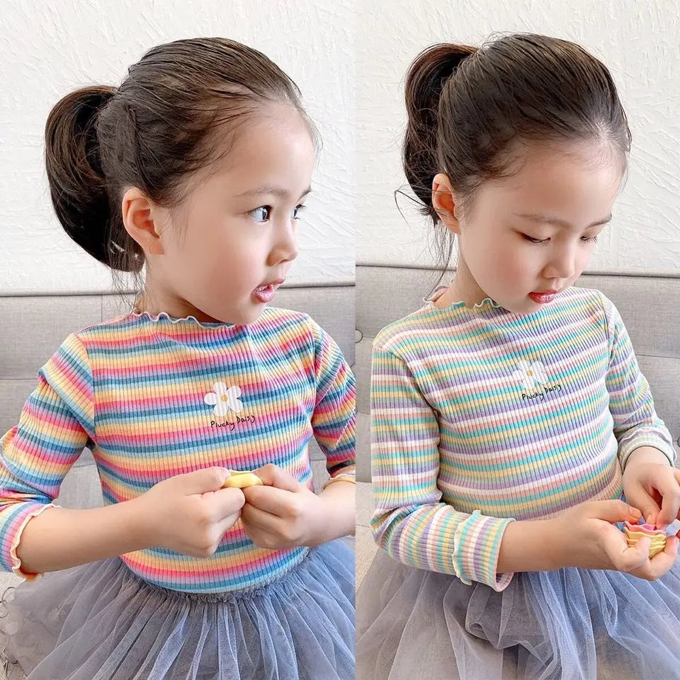 Children's T-Shirts Color Stripe Flower Printing Kids Clothes for 2 To 6 Years Girls Tshirts Boutique Outfits for Girls