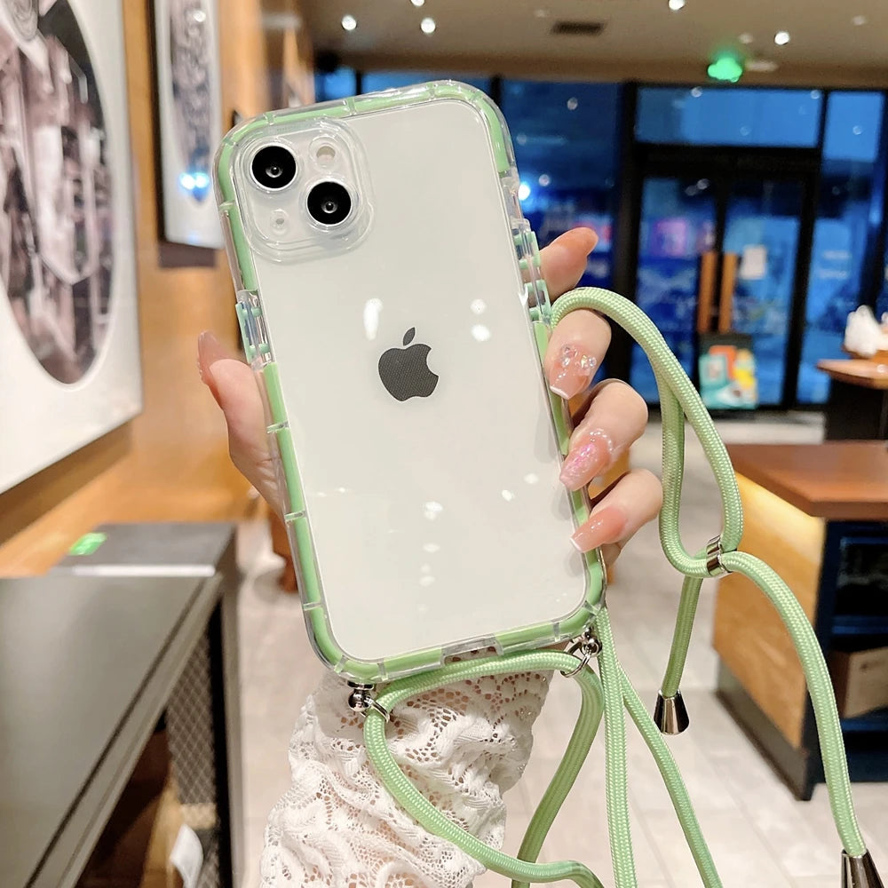 Crossbody Necklace Lanyard Strap Cord Transparent Soft Case for iPhone 14 13 12 11 Pro Max X XR XS 7 8 Plus Armor Luminous Cover