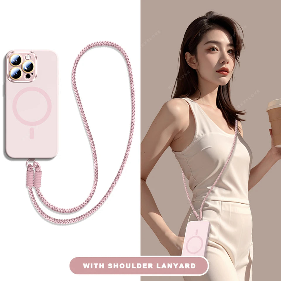 Lanyard Magnetic Phone Case For iPhone 15 14 16 Plus 11 12 13 16 Pro Max Magsafe Liquid Silicone Strap Charge Protector Cover