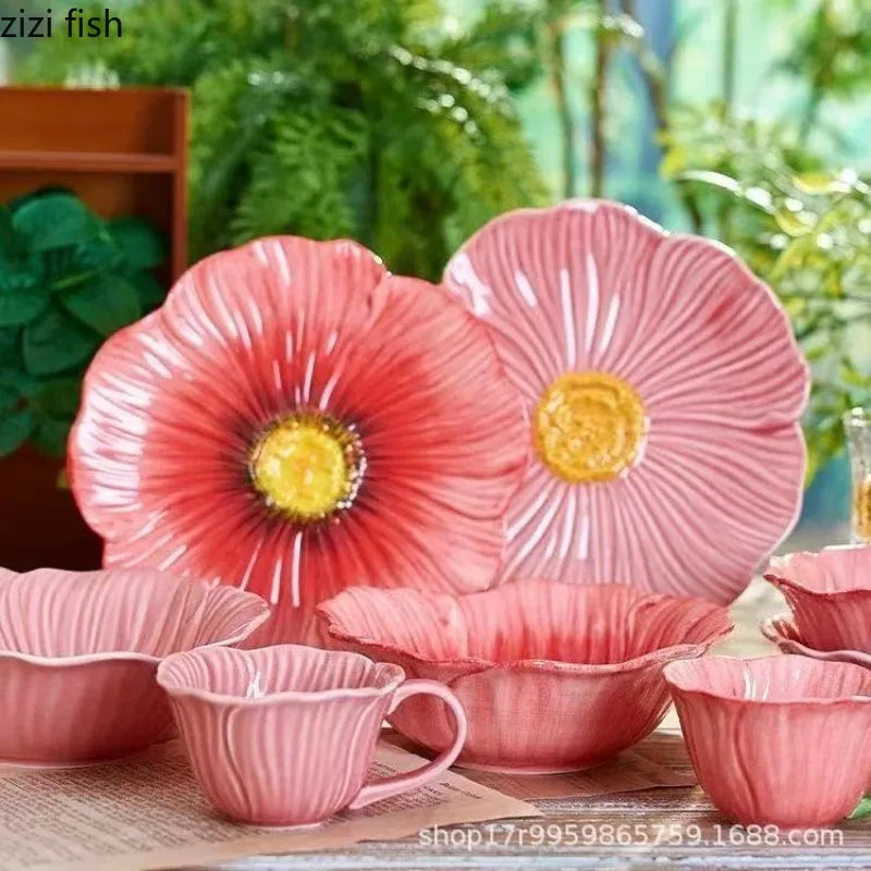 Pink Ceramic Flower Plate Dining Plates Decorative Bowl Dessert Plate Soup Bowls Water Cup Serving Plates Fruit Bowl Snack Bowls