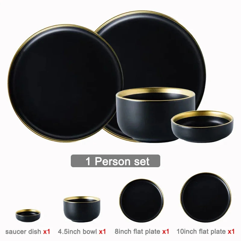 Porcelain Dinner Plates Dishes Plates and Bowls Set Black Tableware Set Food Plate Salad Soup Bowl Dinnerware Set for Restaurant