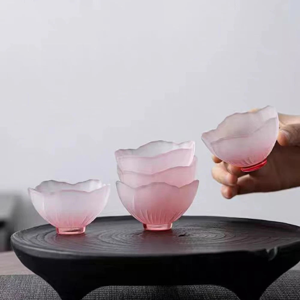 4 Pieces Glazed Glass Frosted Pink Sakura Japanese Teacup, Pink Glazed Lady, Household Flower Teacup, Tea Cup, Petal Cup