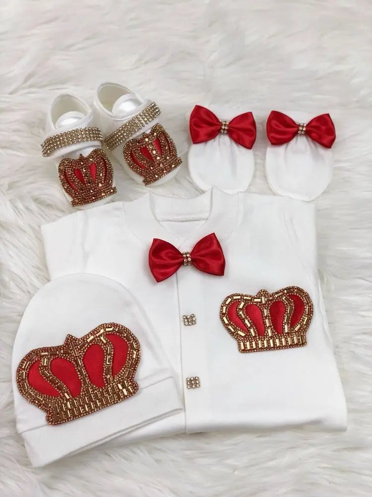 4pcs Take me Home Romper Set Baby Blanket Hat Gloves Shoes Set 39 week Pregnant Woman Photographyh Royal Crown Jewelry Suit