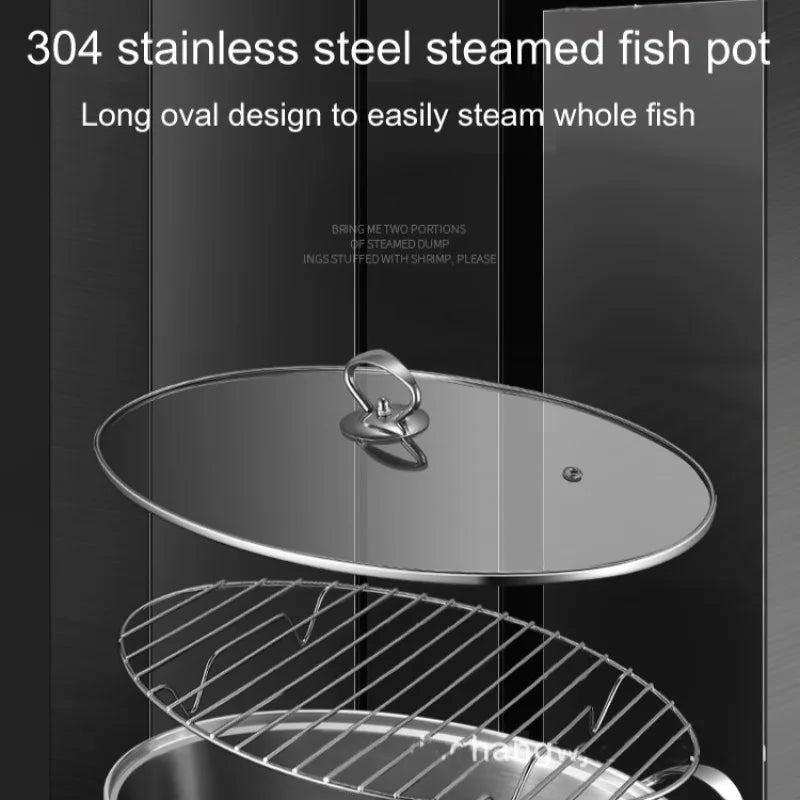 Household Oval Fish Steamer Stainless Steel Soup Steamer Pan Multifunctional Kitchen Steaming Fish Pot with Transparent Cover