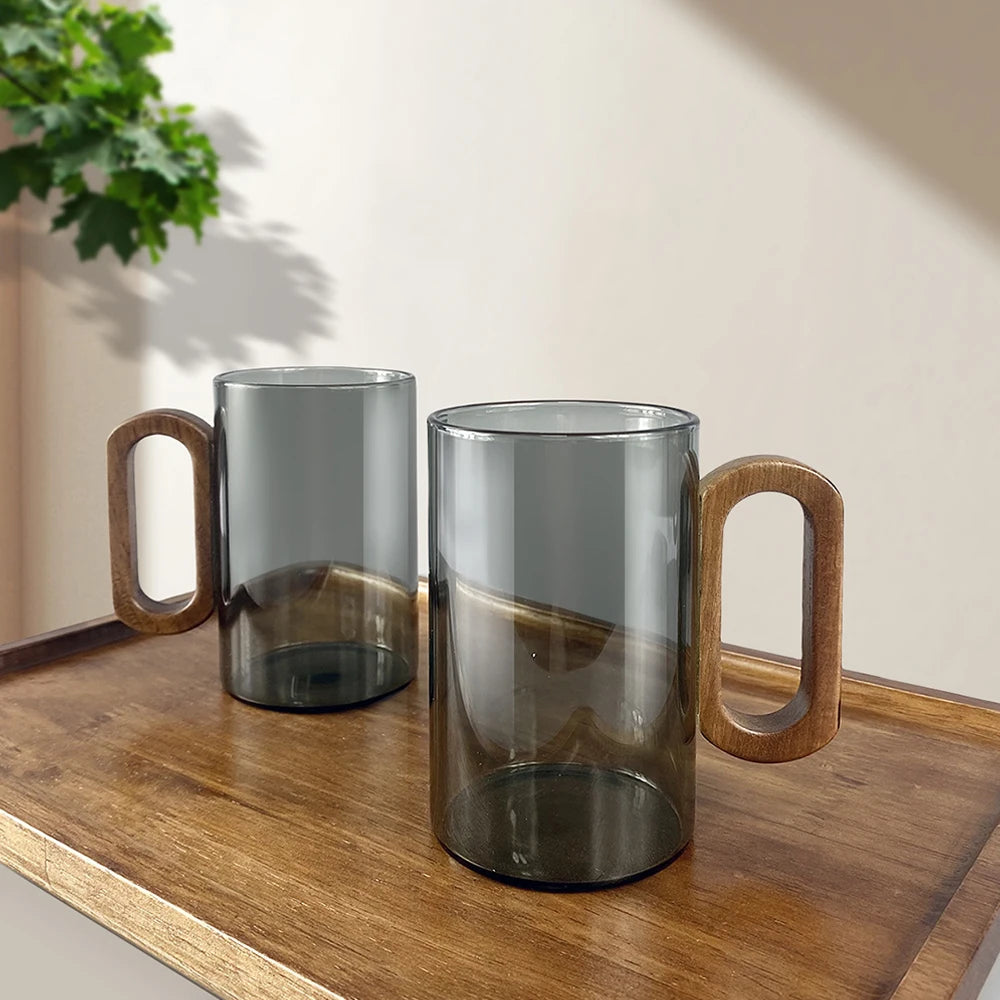 Household High Borosilicate Glass Water Cup Living Room Cigarette Ash Colored Wooden Handle Cup Walnut Empty Vertical Tea Cup