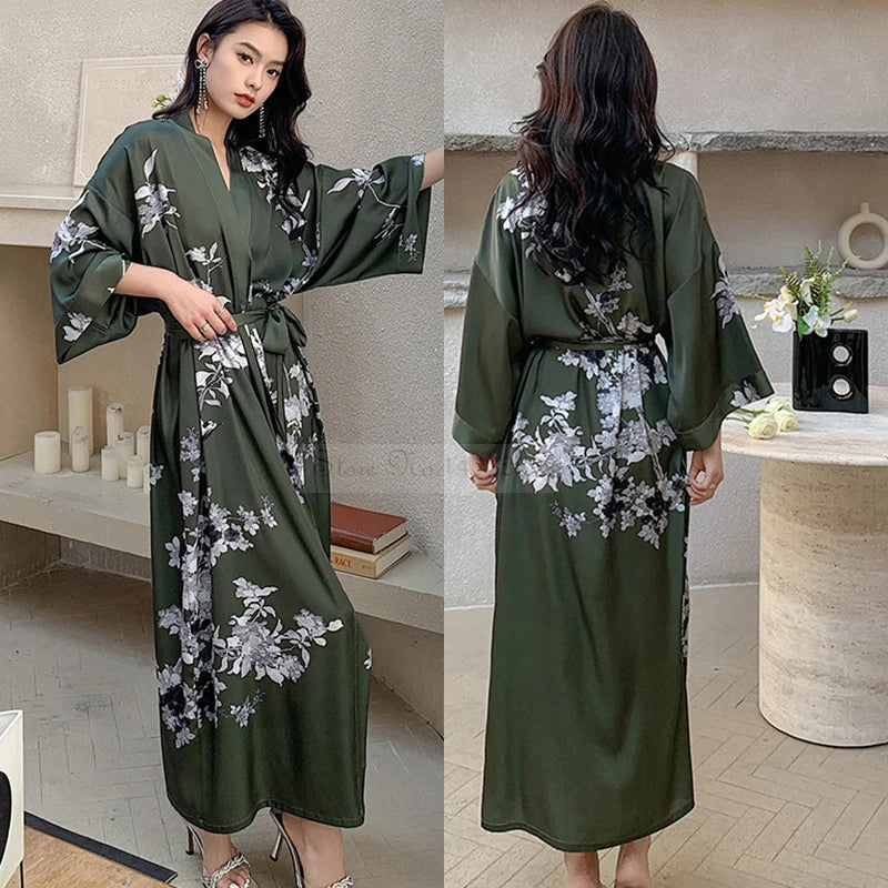 New Spring Summer Female Long Robe Nightgown Sexy Print Flower Kimono Bathrobe Gown Casual Silk Satin Home Dress Lounge Wear