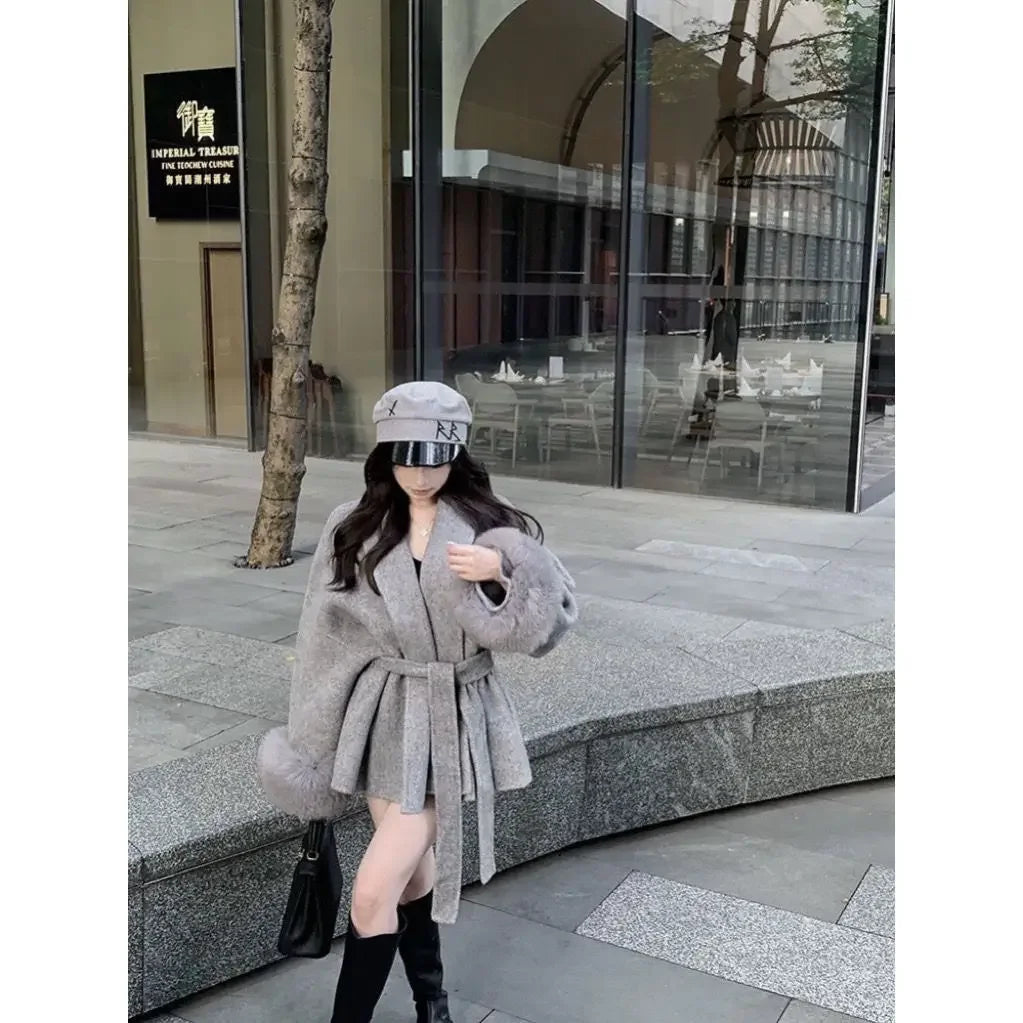 Fashion Coats Women Patchwork Furry Long Sleeve Bandage Outwear Korean Y2k Clothing Slim Waist Temperament Solid Color Jackets