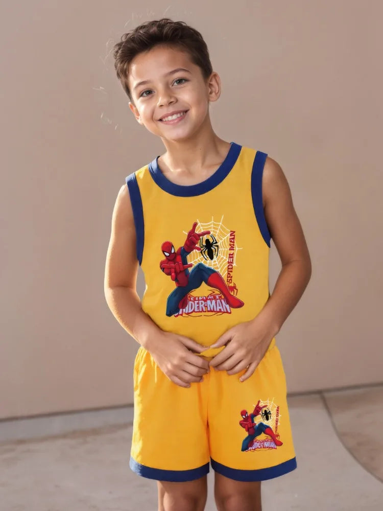 Anime Spiderman Boys Basketball Vest Sets Quick Drying Breathable Children Sport Clothes Suit Kids Casual Vest Shorts 2pcs Set